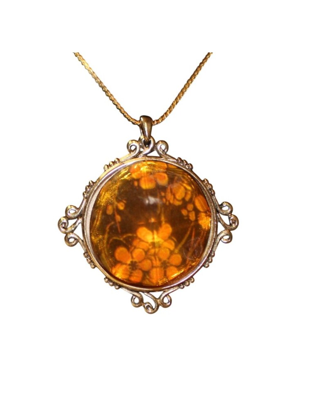 Vintage 1928 Jewelry Co Amber Lucite Reverse Carved Flower Pendant Necklace